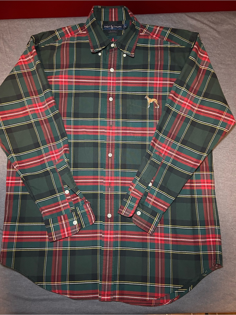 Polo Ralph Lauren Vintage Men’s Green & Red Plaid Button-Down Shirt Boxer Dog